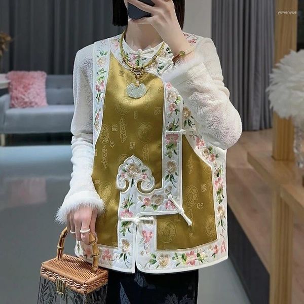 Vêtements ethniques Hiver Women's Chinois O Neck Asymétrique Single Pinsed Acétate Jacquard Broidered Cotton Clip Vest S-xxl