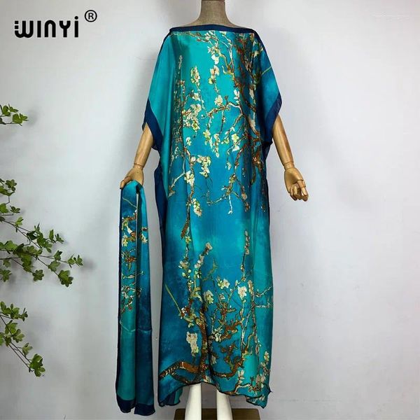 Vêtements ethniques Winyi Beach Afrique Summer Kaftan avec ceinture Femmes Boho Imprimer Caftan Élégant Vacances Maxi Soie Sentiment Bohème Robe de soirée