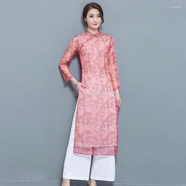 Vêtements ethniques femme en mousseline de soie Aodai Vietnam traditionnel Ao Dai Robes pantalon 2 pièces ensemble femmes robes Cheongsam amélioré