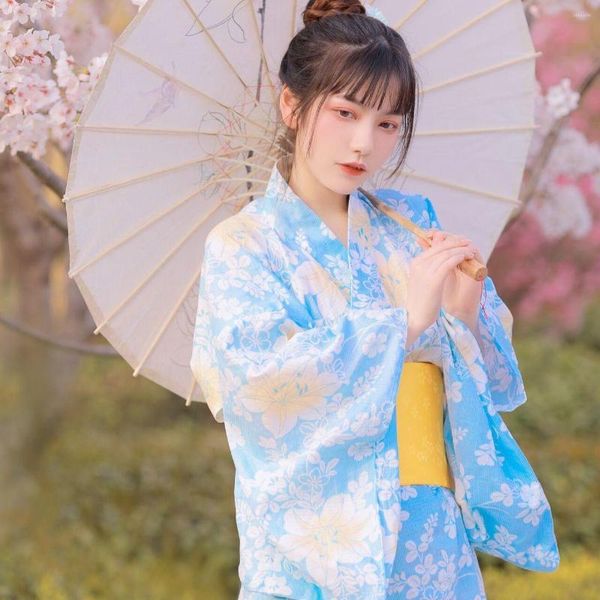 Ropa étnica Mujer Estilo japonés Kimono tradicional con vestido amarillo Bowknot Flor Impreso Geisha Etapa Haori Yukata Pografía Ropa
