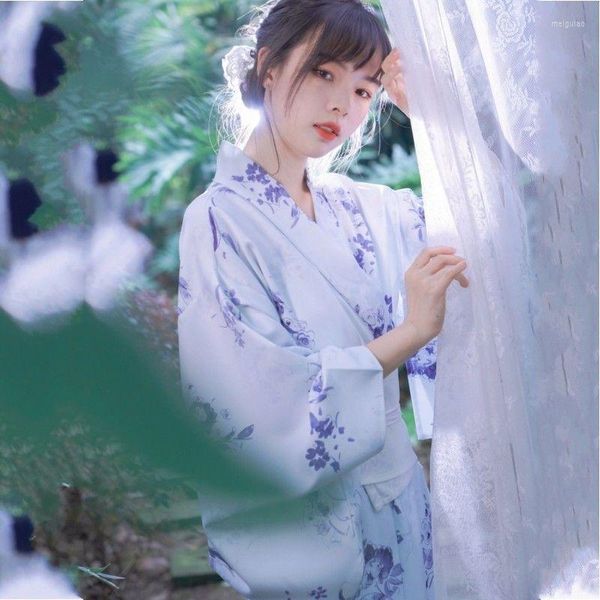 Ropa étnica Mujer Estilo japonés Yukata Albornoz con blanco Obi Estampado floral Largo Kimono Geisha Rendimiento Danza Poshooting Traje