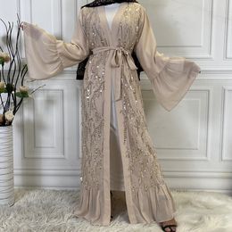 Etnische kledingvrouw moslim Abaya pailletten Chiffon Cardigan Dress Fashion Casual Turkije Caftan Saoedi 230324