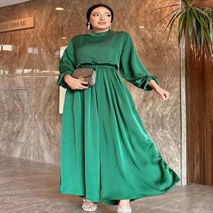 Vêtements ethniques Femmes 2pcs Ensembles Assorti Satin Élégant Hauts unis Long Pantalon à jambes larges Costume Musulman Dubaï Islamique Modeste Abaya Ramadan Tenues 221007