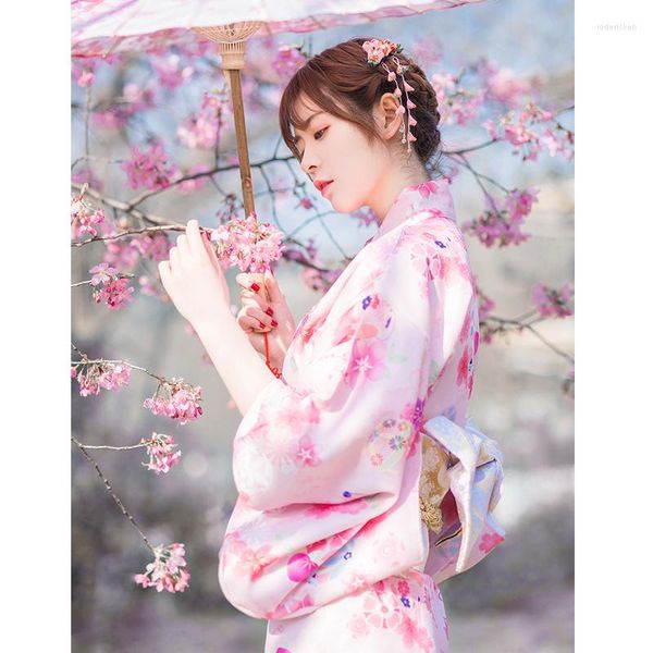 Vêtements ethniques femmes Kimono traditionnel japonais couleur rose imprimés floraux formel Yukata Pographie longue robe Cosplay Costume