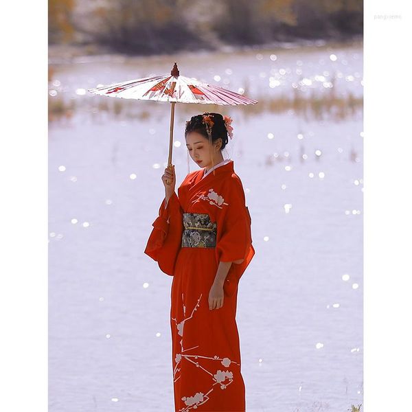 Vêtements ethniques Femme Kimono Robe Traditionnel Japon Yukata Petite Rouge Hiver Prune Robe Performing Wear Cosplay Polyester