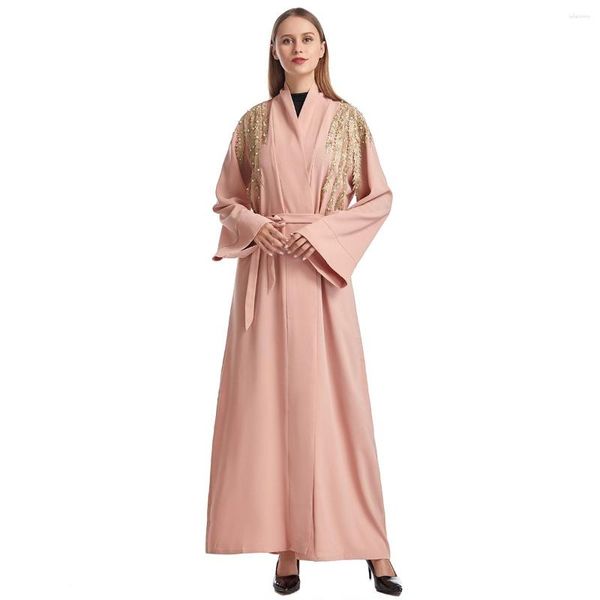 Vêtements ethniques femmes musulman islamique saoudien arabe Cardigan Robe Maxi robe dame cheville longueur Applique dentelle à manches longues Thobe Ramadan