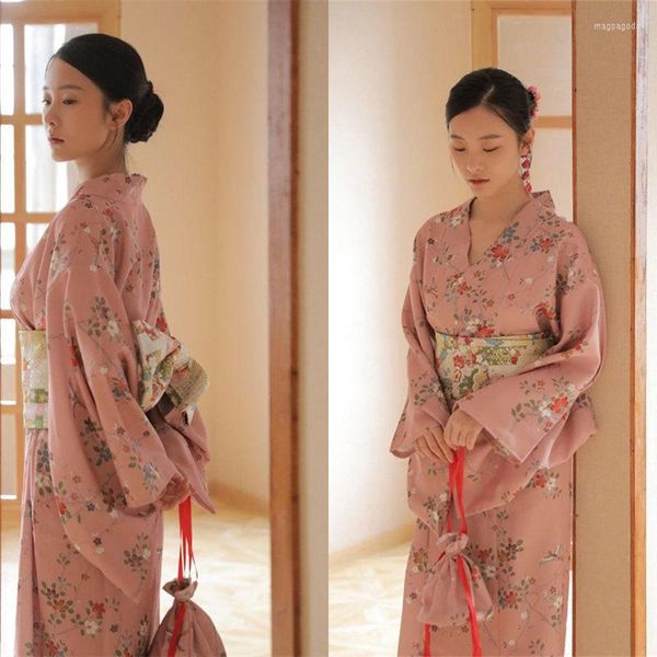 Ropa étnica Yukata para mujer, Kimono tradicional japonés con estampado de flores Obi, ropa de tiro Po para actuación en escenario, bata de mujer asiática