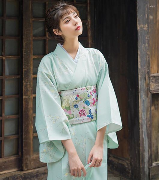 Ropa étnica Mujer Yukata Tradicional Japón Kimono Robe Pografía Vestido Cosplay Traje Luz Verde Color Árboles Impresiones Vintage