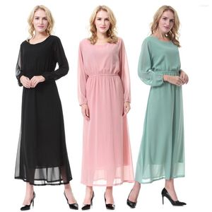 Etnische kleding Vrouwen Abaya Moslim Lange mouwen Crew Neck Chiffon Islamitische Maxi -jurk Saoedi -Arabische dame Dubai Vrouwelijke thobe kleding