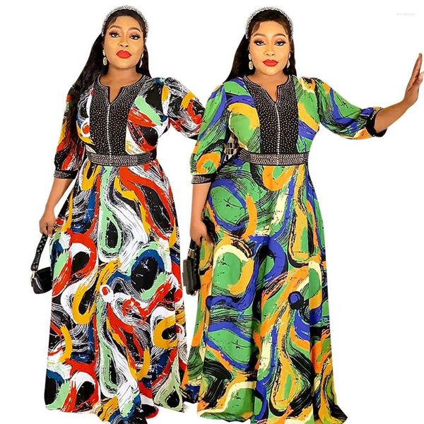 Vêtements ethniques Femmes Afrique Robes Robe de fête à manches de trois quarts V Vestidos à imprimé de cou Perce Diamants Loule de sol en vrac Longueur