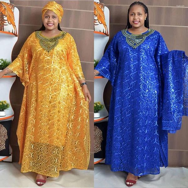 Ropa étnica Mujeres Vestidos africanos Kanga Vestidos Sólido Tres piezas Bordado suelto Vestido interior Encaje Sexy Empalmado Pañuelo Casual