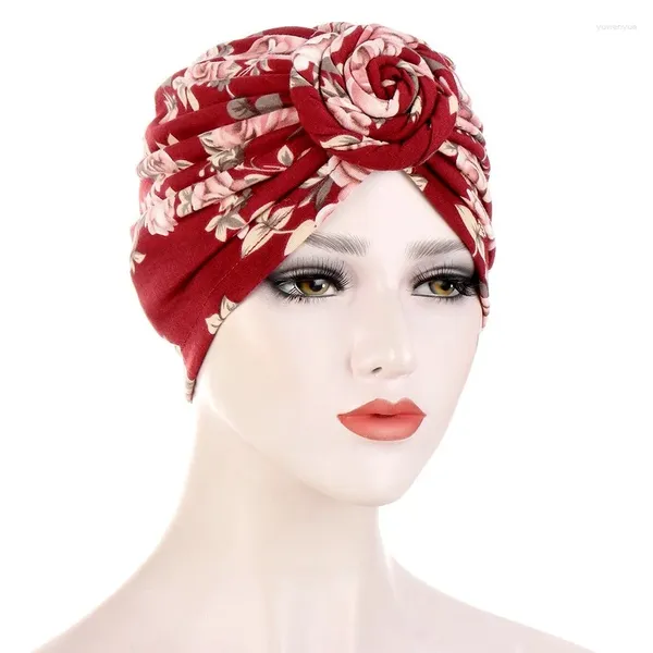 Ropa étnica Mujeres Patrón africano Flor anudada Turbante elástico Musulmán Nudo de torsión India Sombrero Damas Chemo Cap Bandanas Accesorios para el cabello