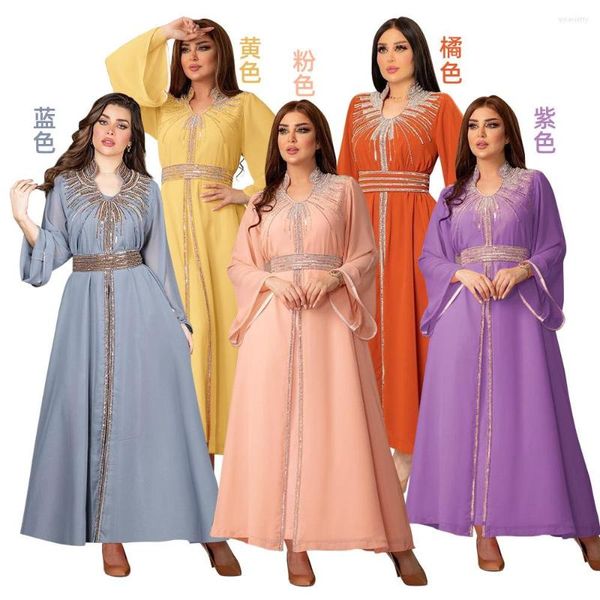 Ropa étnica Mujeres Vestido árabe Musulmán Cosplay Vestido árabe Kaftan Moda Diamante Gasa con cinturón Colorido