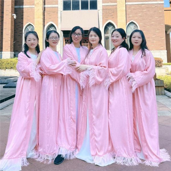 Vêtements ethniques Femmes Bridesmaid Wedding Party Robe Feather Open Abaya Dubai Muslim Kaftan Kimono Cardigan Islam Bellé Jalabiya Turquie
