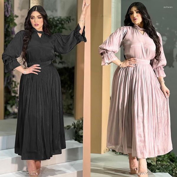 Ropa étnica Mujeres Vestido de satén de seda brillante Elegante Dubai Modest Abaya Moda musulmana Manga larga Noche Islámica