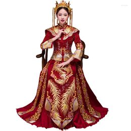 Etnische kleding Dames Cheongsam Bruid Bruiloft Qipao Luxe Rood Geborduurd Phoenix Chinese Avondjurk Klassiek Huwelijkspak Oosters