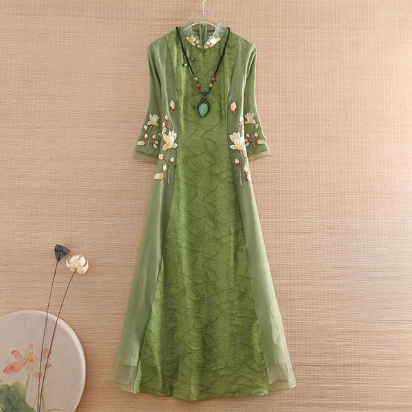 Ropa étnica mujer Cheongsam estilo chino de gama alta elegante Organza empalmada Retro primavera y otoño vestido Qipao femenino S-XXL