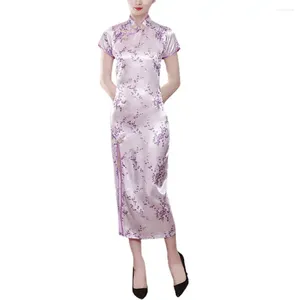 Vêtements ethniques Femmes Cheongsam Robe Col montant Élégant Faux Satin Long Style Chinois Stand À Manches Courtes Qipao Fleur