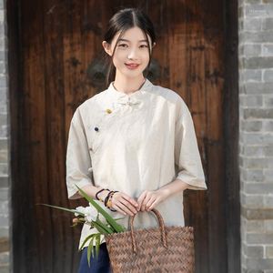 Etnische Kleding Vrouwen Cheongsam Moderne Stijl Tops Casual Losse Linnen T-shirt Zen Blouse Traditionele Chinese Oosterse Mode Tang