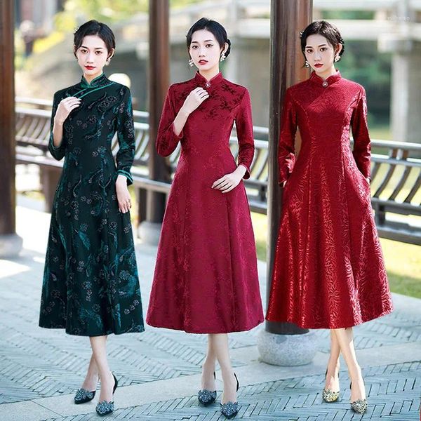 Ropa étnica Mujeres Cheongsam Estilo oriental Manga larga Falda con dobladillo Elegante Hada Vestido retro Qipao Mejorado Chino Tradicional