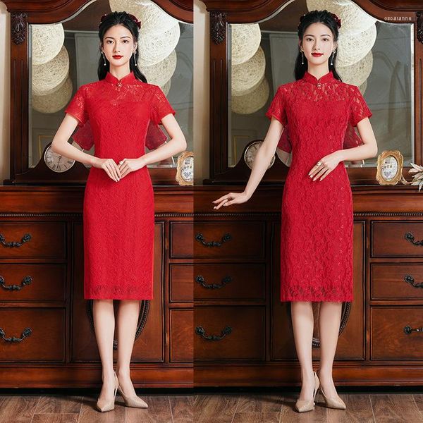 Vêtements ethniques Femmes Cheongsam Mariage Rouge Style Oriental À Manches Courtes Élégante Robe Rétro Qipao Costume Traditionnel Chinois Amélioré