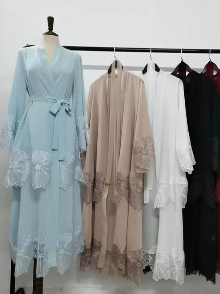 Ropa étnica Mujeres Gasa Abierta Abaya Dubai Turquía Kaftan Musulmán Abayas Vestidos Hueco Bordado Robe Kimono Cardigan Femme Islam