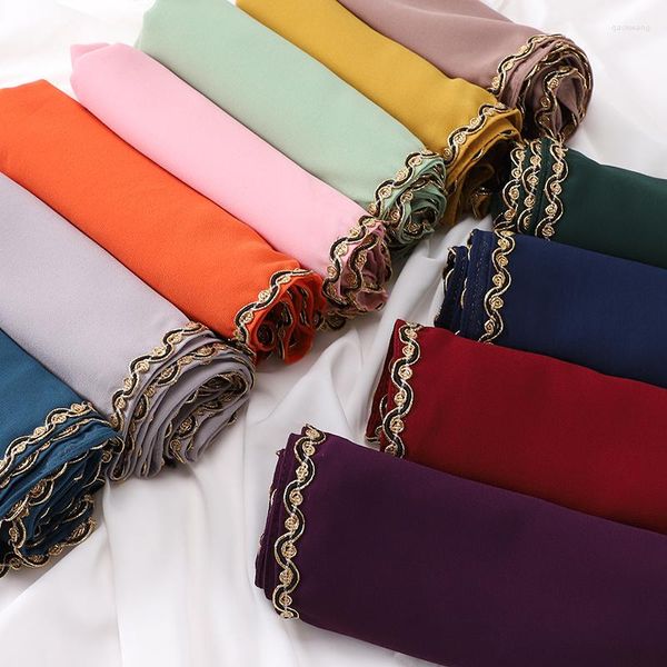 Roupas étnicas mulheres chiffon cachecol com onda ouro rendas turbante xale muçulmano hijab flores longo árabe islâmico cocar