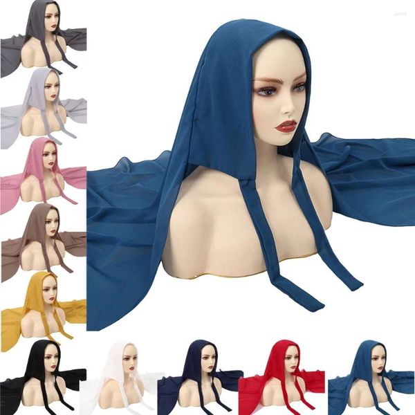 Ropa étnica Mujeres Gasa Color Sólido Bufanda Musulmán Hijab Turbante Amira Lace Up Bufanda Foulard Pañuelo Mantón Wrap Bufandas Bandanas