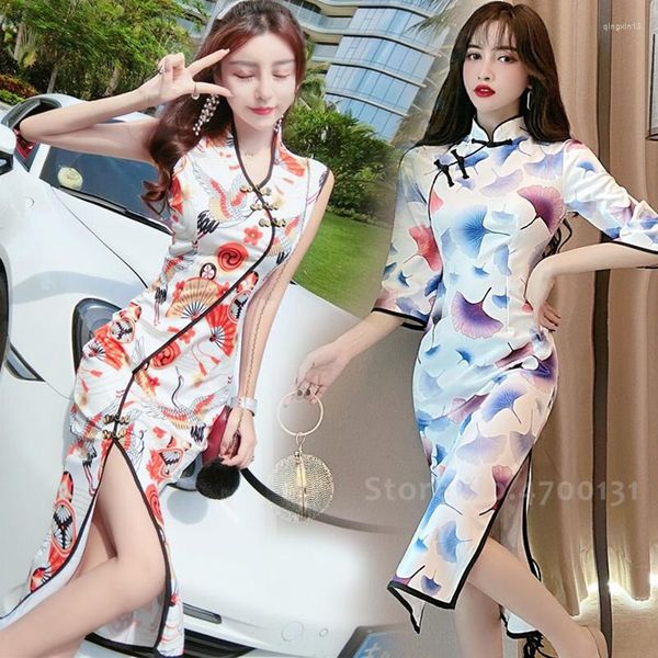 Ropa étnica Mujeres Chino Tradicional Retro Cheongsam Señora Sexy Formal Vestido de Noche Falda Impreso Manga Larga Qipao Vintage Qi Pao