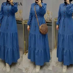 Etnische Kleding Vrouwen Denim Jurk 2024 Blauwe Mode Lange Knop Lace Up Jurken Islamitische Elegante Dames Moslim Gewaad