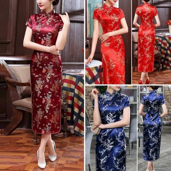 Vêtements ethniques Femmes Robe Floral Broderie Style Lady Vintage Qipao Boutons De Noeud Chinois Cheongsam Satin Soyeux Traditionnel Asiatique