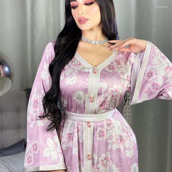 Vêtements ethniques Femmes Dubaï Jalabiya Abaya White Traid Trim Floral Imprimé long manche Loose Robe décontractée Mode musulmane Arabe Maroc Eid