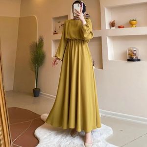 Etnische kleding Dames Eid Moslim Abaya O-hals Bladerdeeg Mouw Kaftan Arabische Effen Kleur Lange Gewaad Feestjurk Vestidos Slim Fit Marokko Ramadan 231208