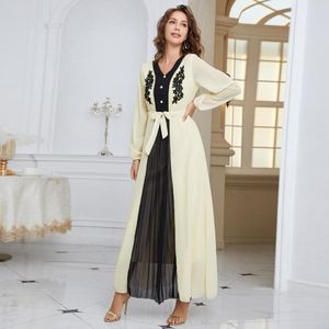 Etnische Kleding Vrouwen Eid Moslim Lange Mouw Maxi Jurk Kant Stiksels Islamitische Midden-oosten Dubai Gewaad Gordel Abaya Kaftan kaftan Elegante