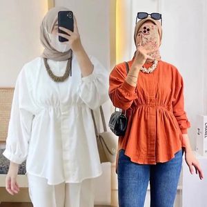 Etnische kleding Vrouwen Eid Moslim Tops Lantaarn Mouw Houdige taille Blouses Tijden Down Collar Dubai Korea Solid Color Casual Slim Fit pullover