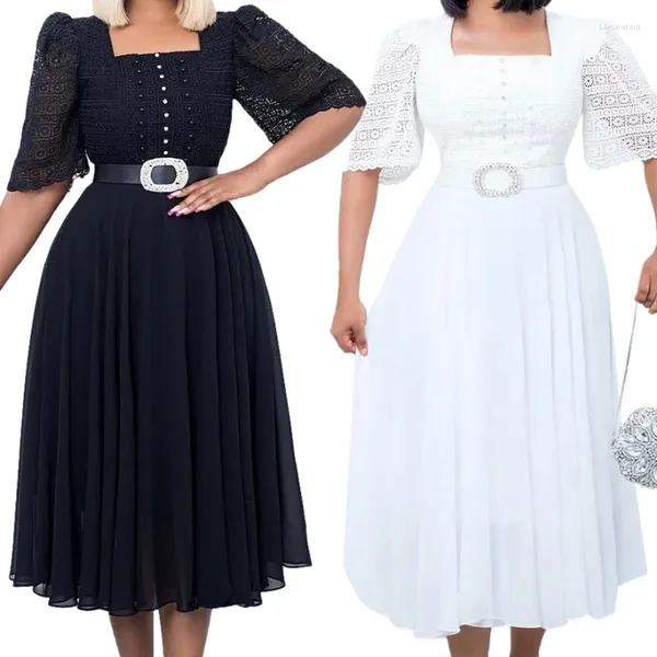 Ropa étnica Mujeres elegante una línea vestido gasa midi mangas cortas cuello cuadrado cintura alta modestos vestidos de verano con clase negro batas blancas