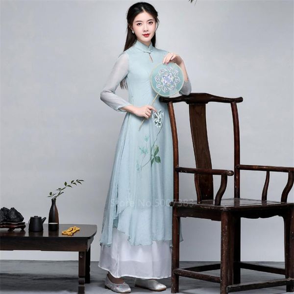 Vêtements ethniques femmes élégant Ao Dai à manches longues été en mousseline de soie Vietnam robe 2022 rétro col montant Cheongsam vêtements asiatiques thé Qipao