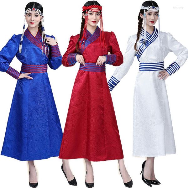 Vêtements ethniques Femmes Robe élégante à manches longues Costume Tang Style Costume asiatique Mélange de soie de haute qualité Robe de dame mongole