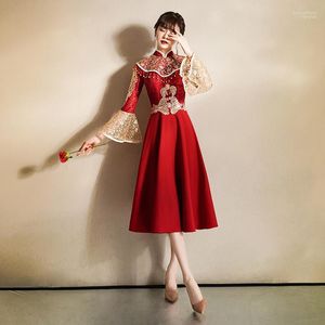 Etnische kleding vrouwen prachtige appliques nieuwigheid Cheongsam elegante kwastje formele feestjurk bordeaux Chinese bruidsjurk