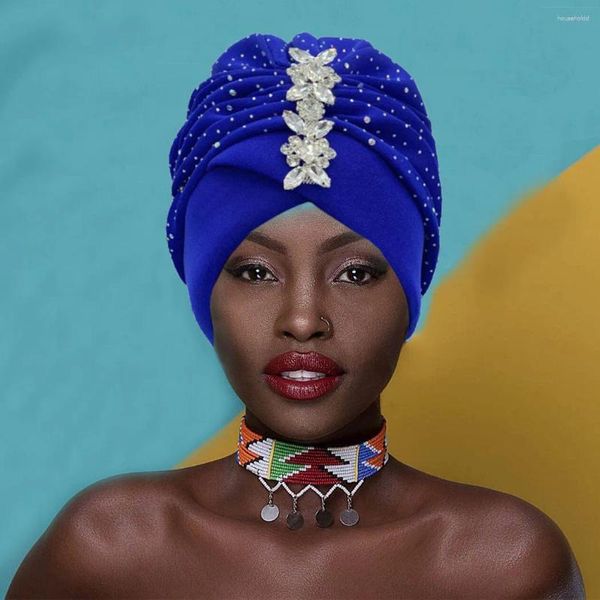 Ropa étnica Mujeres Moda Head Wrap Africano Aso Oke Headtie Musulmán Pañuelo Bonnet 2024 Turbante plisado Cap con Rhinestone brillante