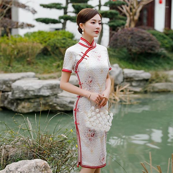 Vêtements ethniques Femmes Mode Satin Manches Courtes Loisirs Cheongsam Sexy Soirée Robe De Soirée Rétro Chinois Traditionnel Élégant Moulante Qipao