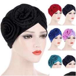 Vêtements ethniques Femmes Fashion Couleur massif front front croix intérieure Hijabs Big Flower Head Wrap écharpe musulman Turban prêt à porter Dro Dh1k4