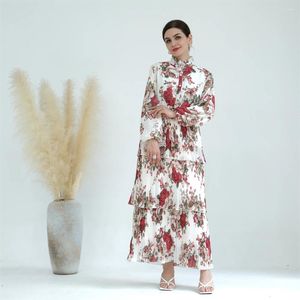 Etnische kleding vrouwen bloemenprint chiffon maxi jurk met lange mouwen elegante gelaagde abaya dubai kalkoen kaftan mode avond patry jurk