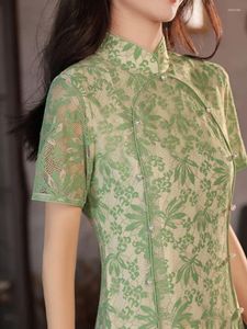 Etnische kleding vrouwen groene cheongsam mode korte mouw zomer kanten jurk meisje Chinees traditionele lange qipao s naar xxl met voering