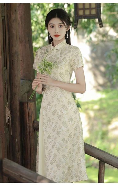 Vêtements ethniques Femmes Vert Broderie Cheongsam Robe Vintage Chinois Traditionnel Robes À Manches Courtes Haut De Gamme Slim Automne Qipao S À XXL