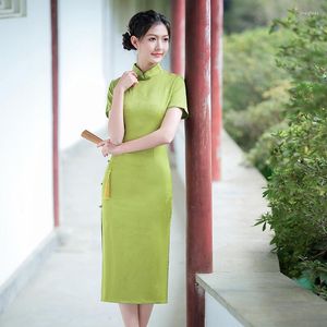 Etnische kleding vrouwen groen mandarijn kraag qipao zomer zomers korte mouwen mode alledaagse elegante knop cheongsam