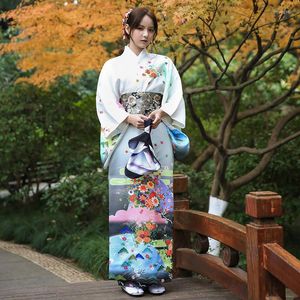 Vêtements ethniques Femmes Japon Kimono traditionnel avec Obi Belles impressions florales Yukata classique Performing Wear Cosplay Costume Robe de soirée