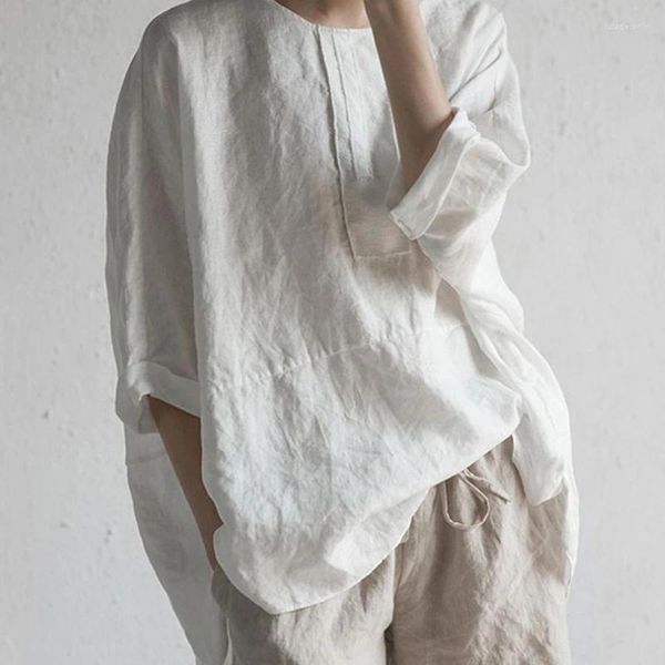 Vêtements ethniques Femmes Japonais Streetwear T-shirt Robe de couleur unie Robe de style chinois Coton Lin Tee Tops Zen Chemises décontractées