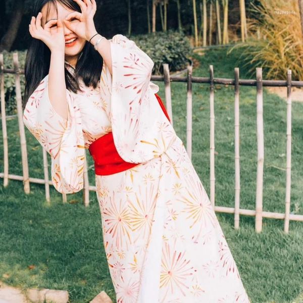 Vêtements ethniques femmes japonais traditionnel Streetwear Kimono asiatique avec Obi rouge élégant rétro robe de soirée peignoirs Pography Yukata