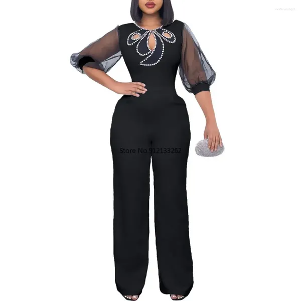 Ropa étnica Mujeres Mono Mangas largas Linterna Hollow Out Bow Collar Patchwork Ver a través de una pieza Mamelucos Africano Mujer Elegante